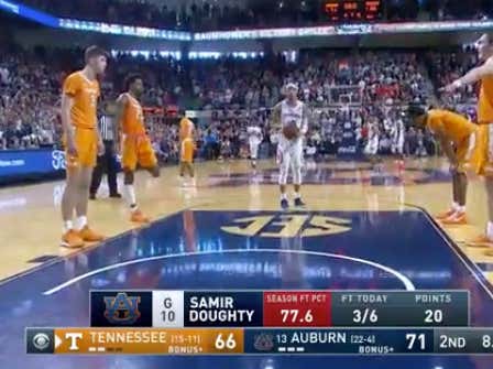 Tennessee led 54-37 with 14:35 to go and a had a 95 percent win probability. Auburn closed the game on a 36-12 run to win and cover -6.5 on these free throws.