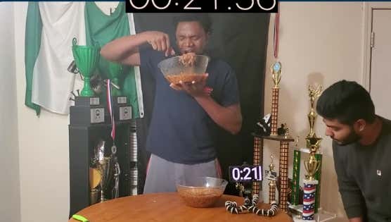Gideon Oji Continues His Eating Dominance, Crushes 10lbs Of Baked Beans In 1:45. Now On To Joey Chestnut In The Finals