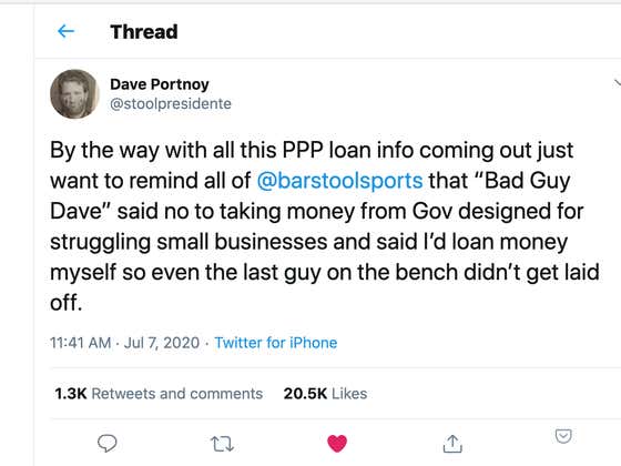 3/4 Of SBA Loans Meant To Help Struggling Small Businesses Went To Private Equity Backed Chains, And Members Of Congress, Newly Released Info Shows. Know Who Didn't Take Any Federal Money? Dave Portnoy, Founder Of Barstool Sports.
