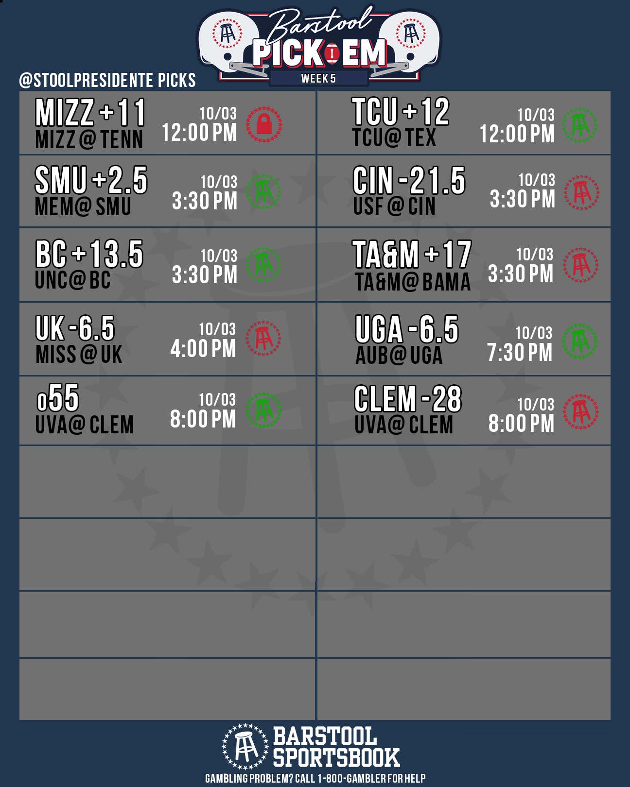 Pick Em Week 5 Results Barstool Bets