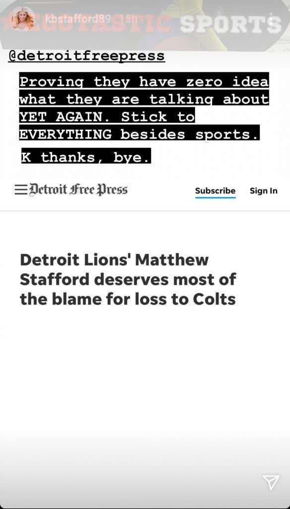 Kelly Stafford blasts media for blaming Lions loss on quarterback husband