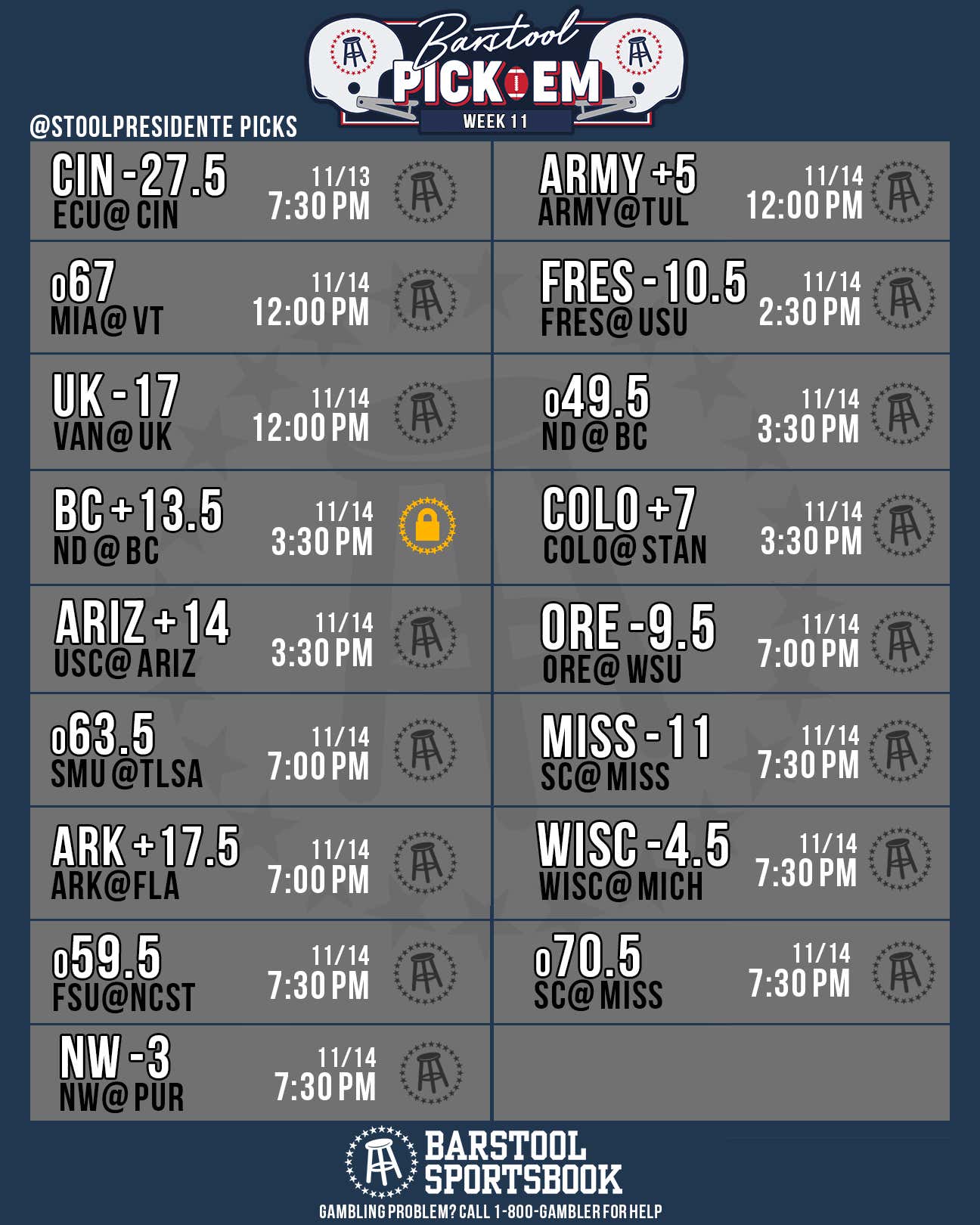 Dave's Week 11 Pick Em Card Barstool Bets