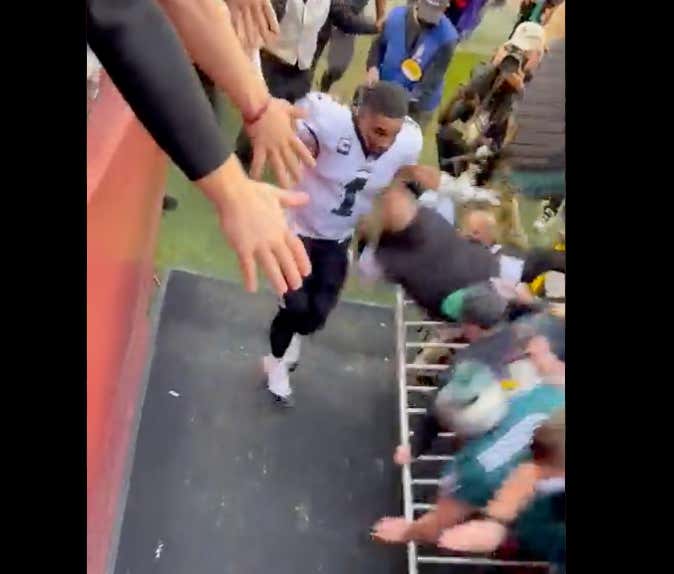 This Angle Shows How Extremely Close Jalen Hurts Was To Being Crushed To Death By The Falling Eagles Fans