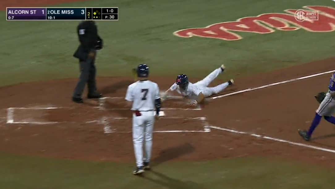 I'm Out Of Breath Just Watching This Ole Miss Runner Score On A Pickoff Throw To First Base