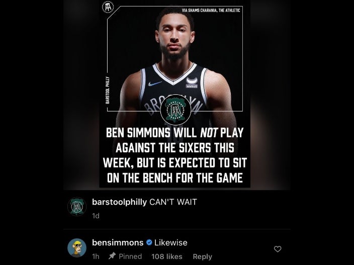 Ben Simmons' Only Comment On Social In The Past 9 Months Was Made Late Last Night To...Barstool Philly IG?