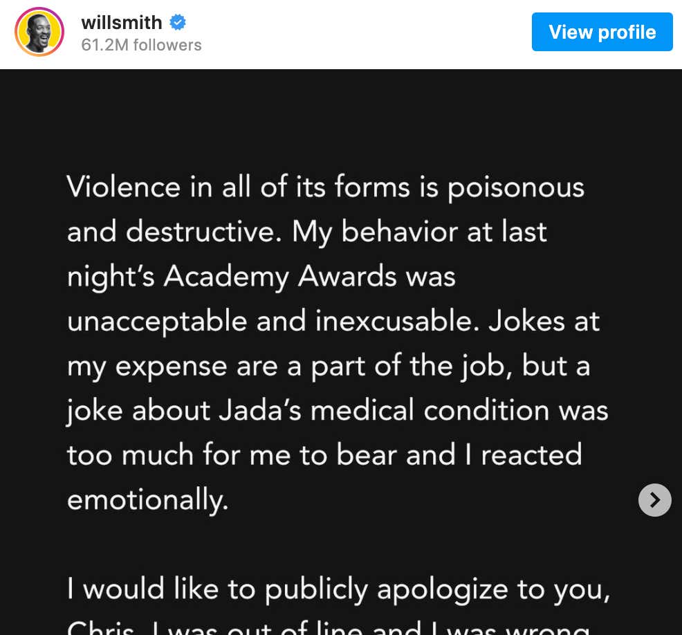 Will Smith Officially Apologized To Chris Rock On Instagram For The Slap Heard 'Round The Internet