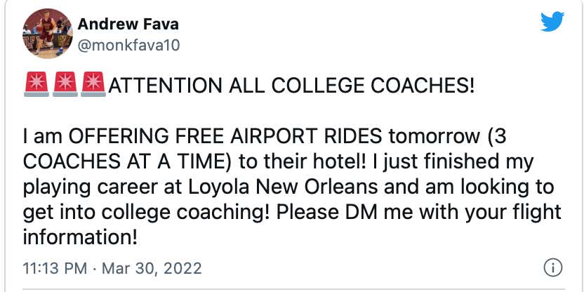 Loyola Grad Offers ALL College Coaches Free Rides From Airport Tomorrow In Hopes Of Getting Foot In The Door