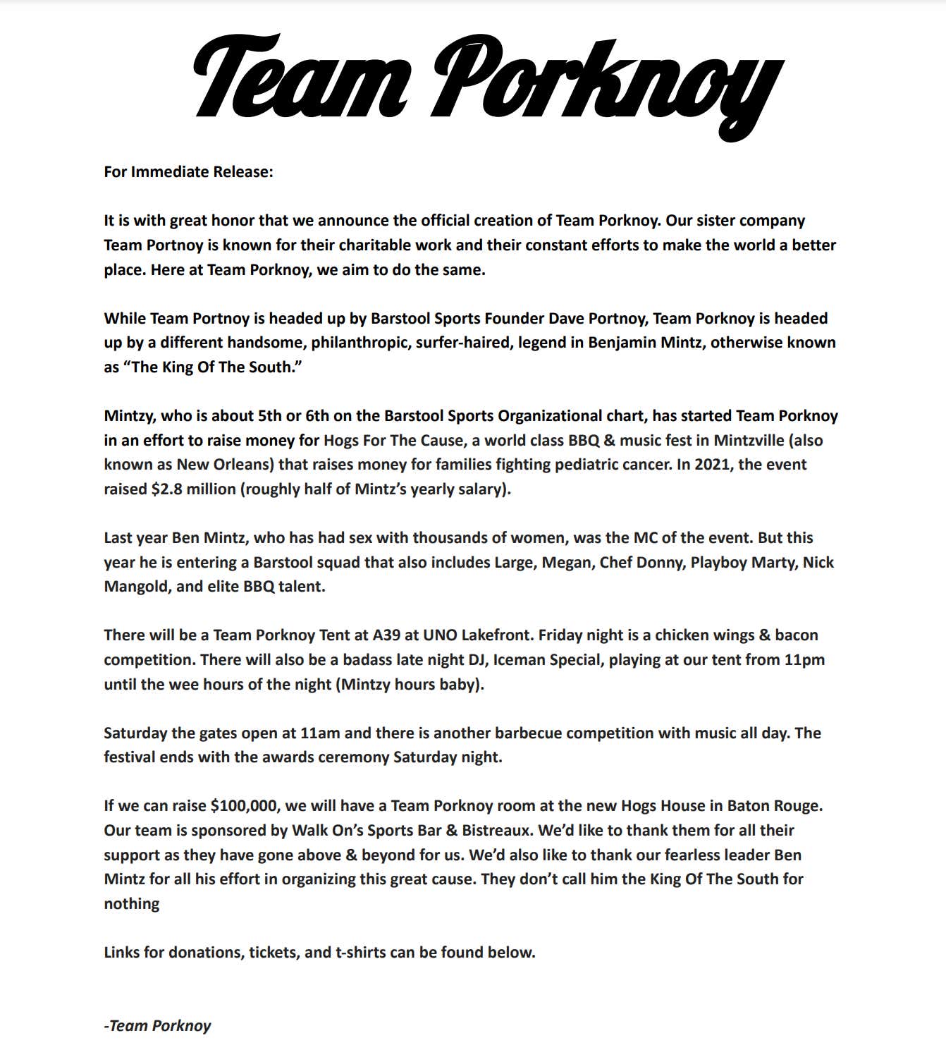 For Immediate Release From The Desk Of Team Porknoy: Last Day To Donate To Hogs For The Cause