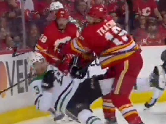 Matthew Tkachuk Causing Mayhem In Calgary. First Period Wraps Up With A Monster Hit And Two Fights