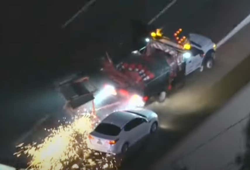 There Was A WILD Police Chase Last Night Involving A Stolen Construction Vehicle + Sign, An LAPD Bearcat Slamming Into It, And A Shitload Of Sparks