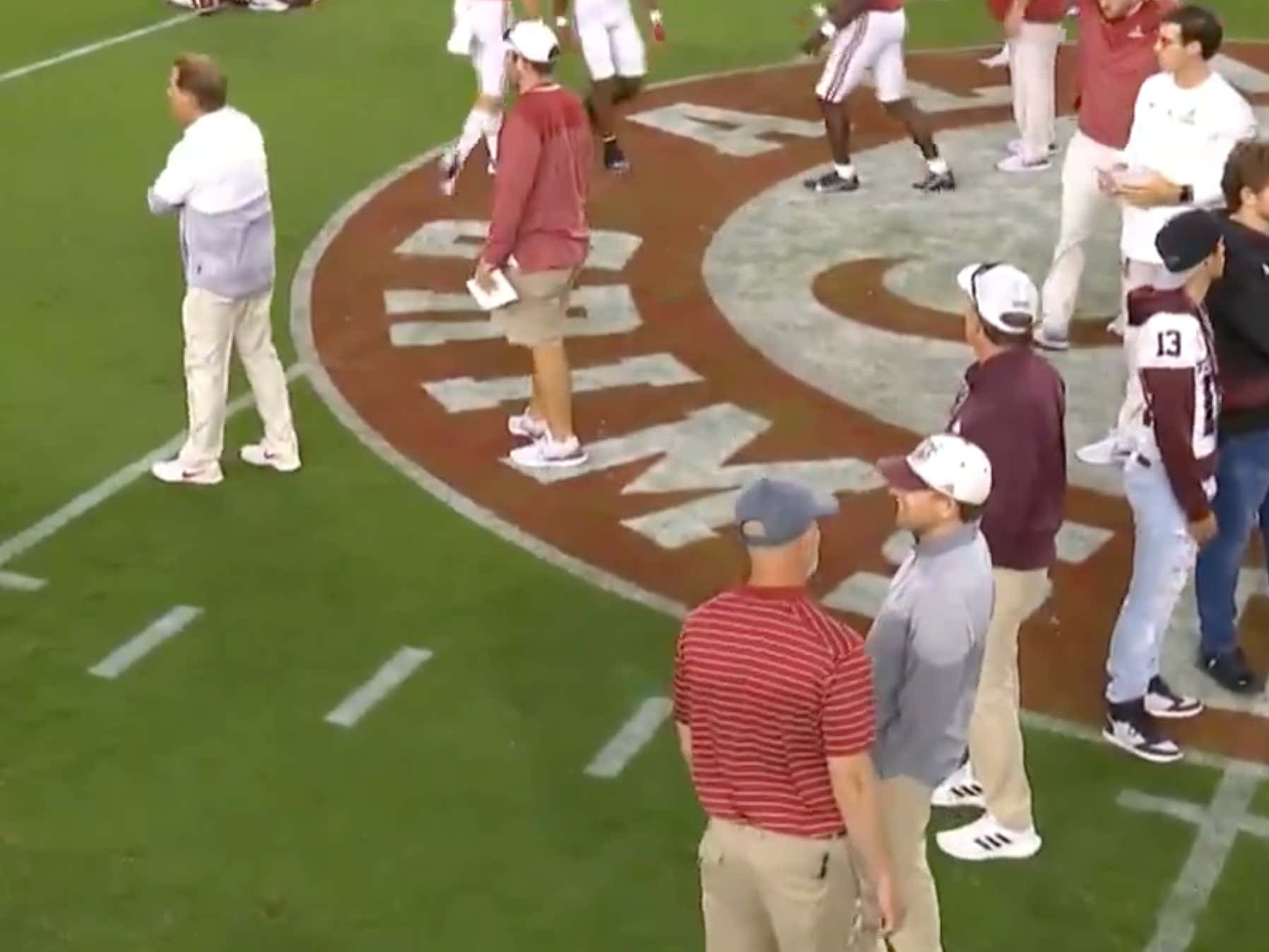 Jimbo Fisher Waiting to Shake Nick Saban's Hand Pre-Game Is the Most Awkward Moment of 2022