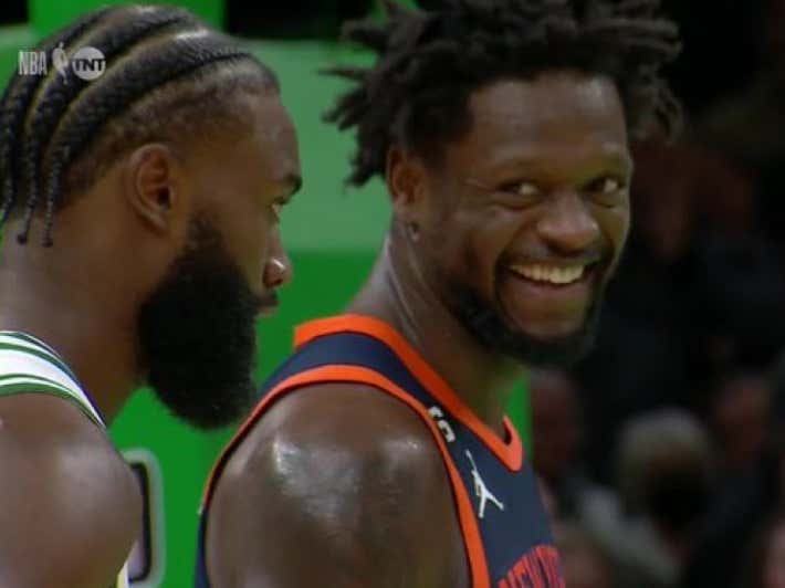 Julius Randle Smiling From Ear To Ear At Jaylen Brown After He Missed Two Clutch Free Throws Should Be Framed And Sent To Knicks Fans Everywhere