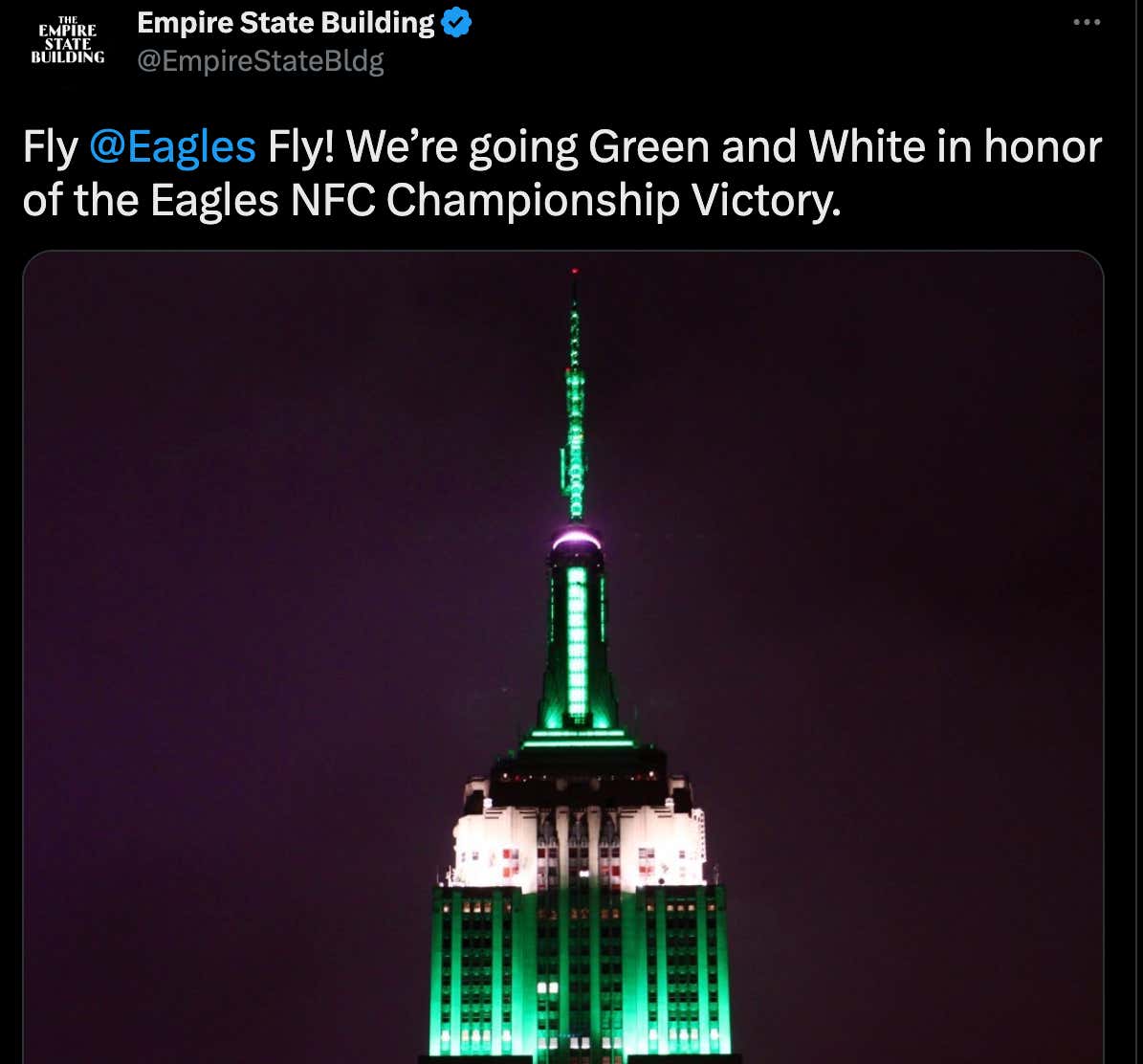 The Empire State Building Lighting Up In Eagles Colors To Honor Their NFC Championship Is A Reminder That He Is A Skyscraping, Front-Running Piece Of Shit