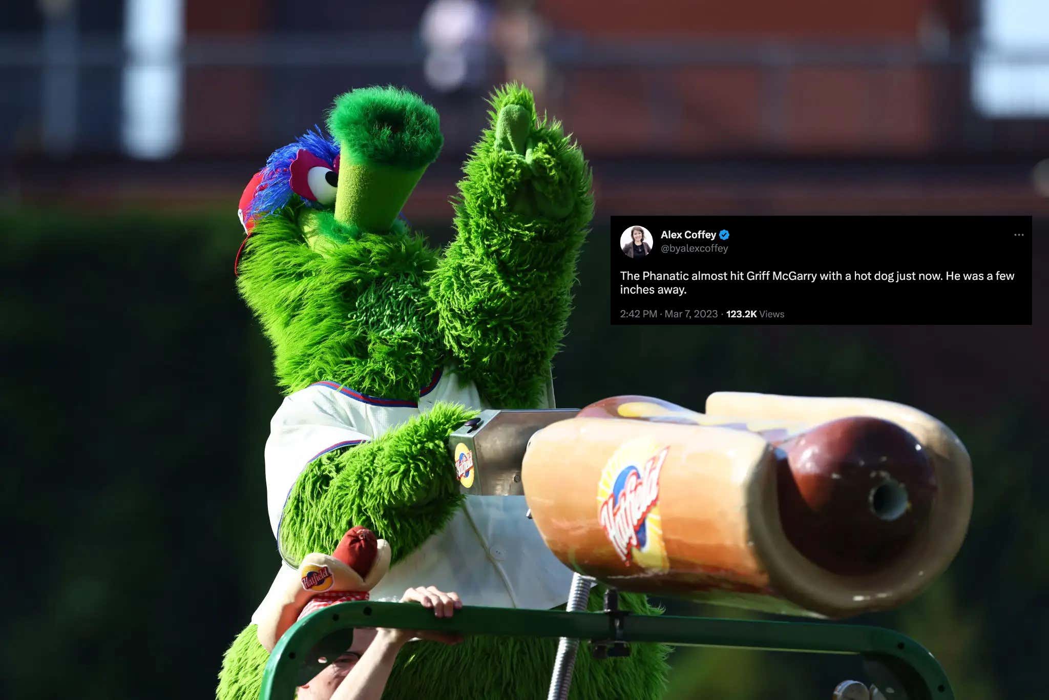 The Phillie Phanatic Is Now Attempting To Assault Players With Hot Dogs, Must Be Stopped