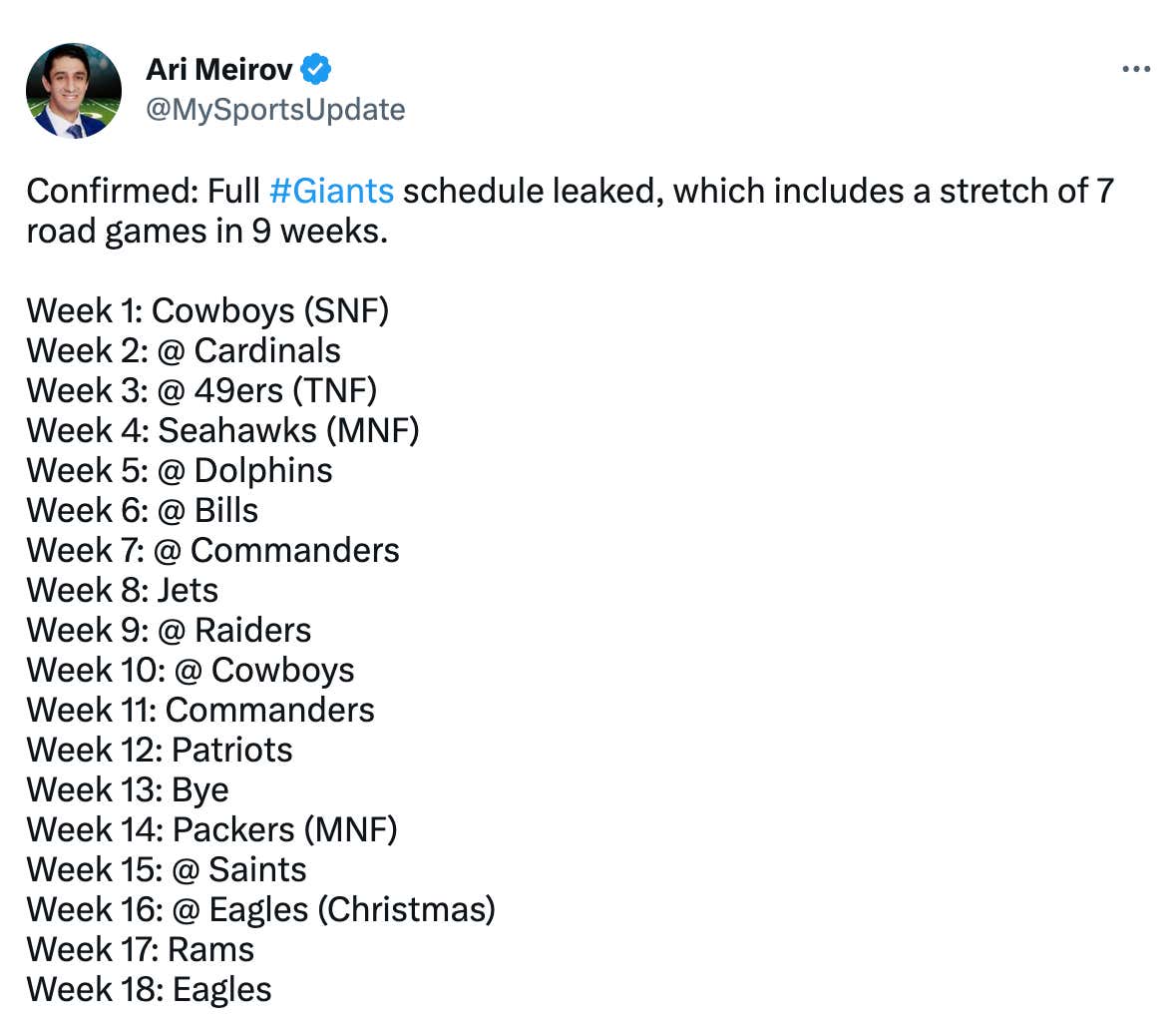 The Giants Leaked Schedule Has Them Playing 7 Of Their First 10 Games On  The Road, Which Is Obviously A First In NFL History