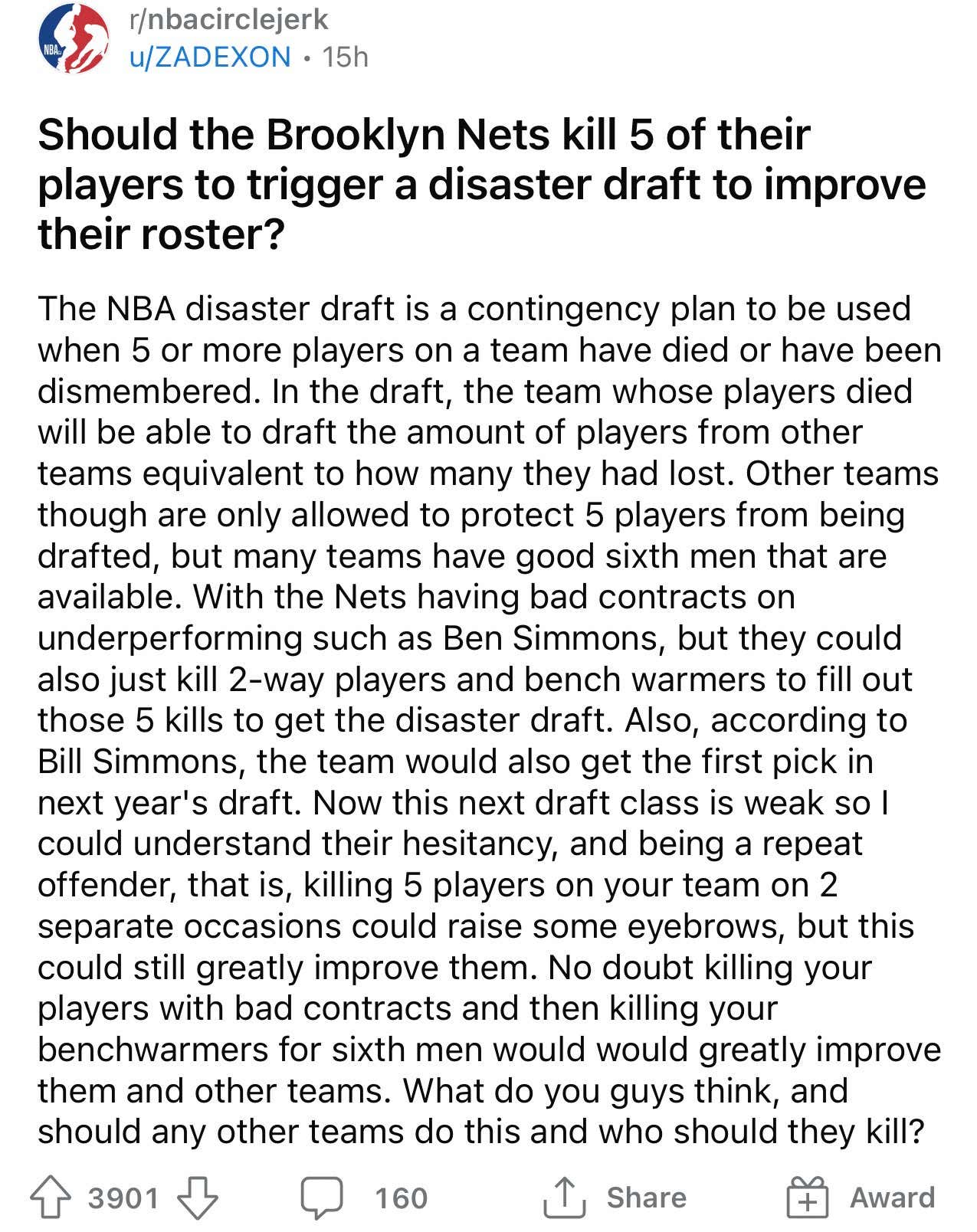 Nets Fans Have Now Resorted To Disaster Draft Scenarios Which Would Only Happen If 5 Players Died To Try And Fix Their Team