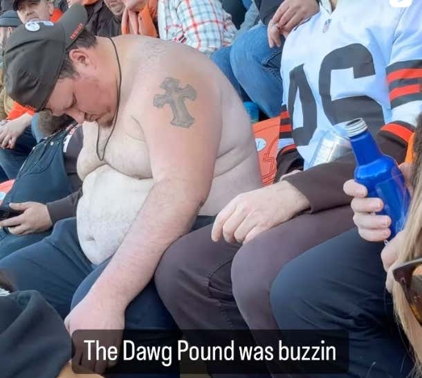 Watch: PORTLY Browns Fan Falls Asleep During The Game After One Too Many Pops With The Boys