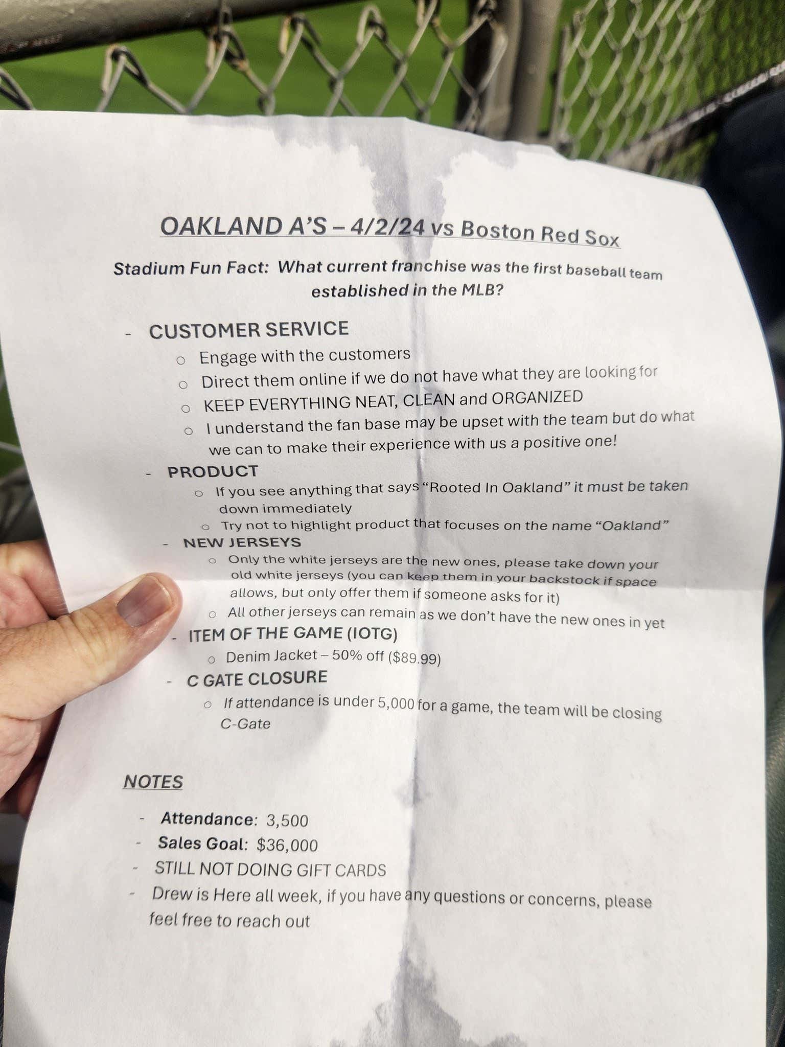 Fans Found an Oakland A's Team Store Sheet Telling Employees How To Engage With Customers Since Everybody Despises the Team Now
