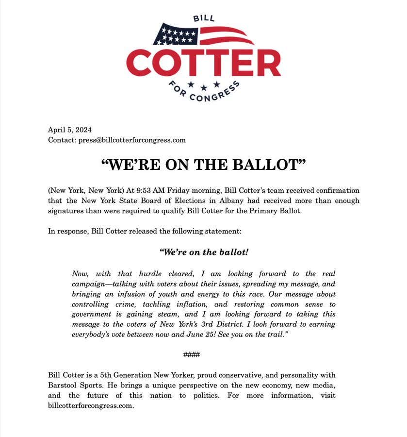Bill Cotter Has Made The Ballot For the Republican Congressional Primary In NY3