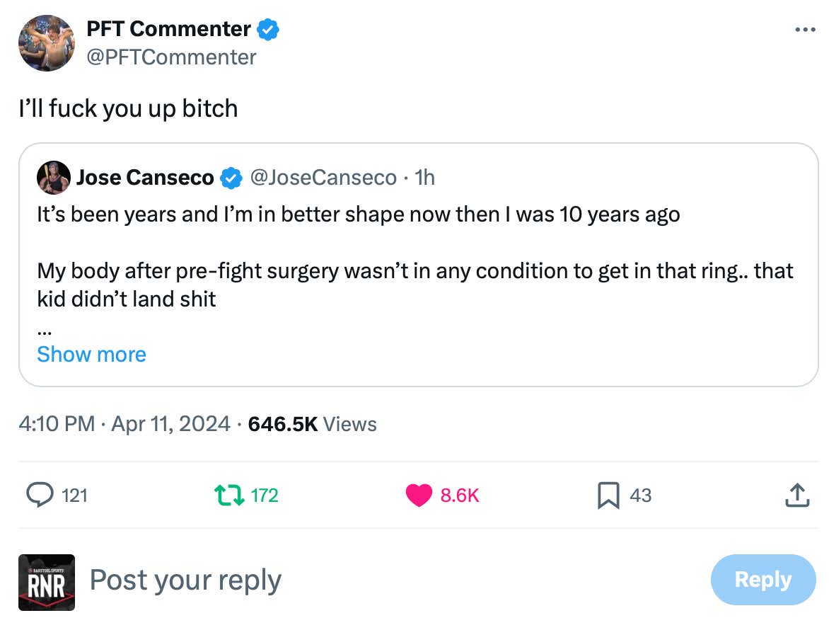 Jose Canseco Has Challenged PFT Commenter To Fight At Rough N' Rowdy