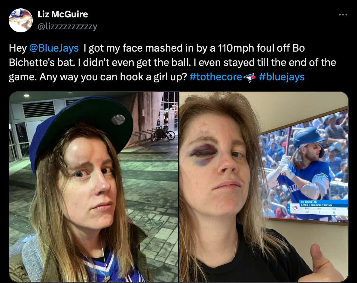 Blue Jays Fan Goes Viral For Taking A 110 MPH Bo Bichette Foul Ball Off The Forehead And Taking It Like A Champ Even Though She Didn't Even Get To Keep The Ball
