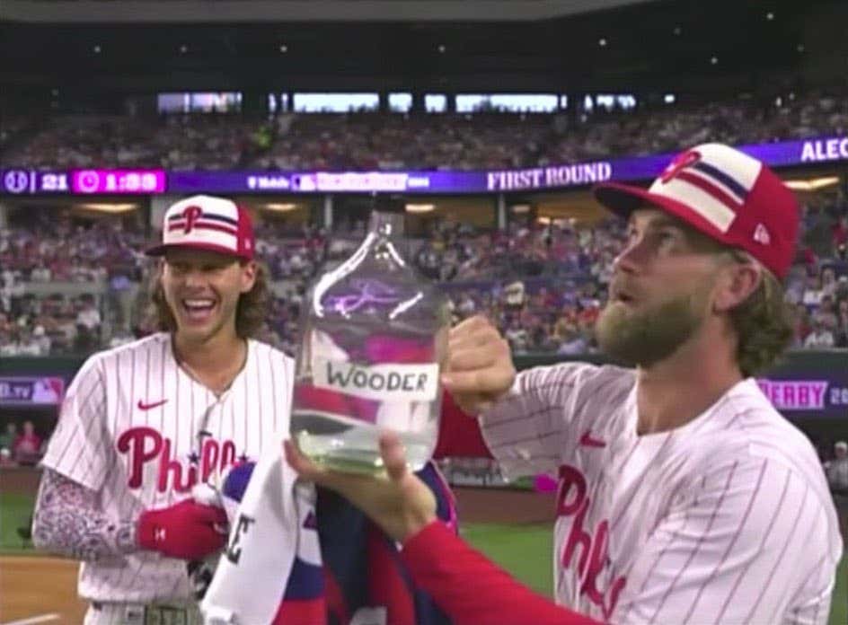 Alec Bohm Is 100% Getting A Random Drug Test From The MLB After Drinking From This "Wooder" Jug From Bryce Harper At The Home Run Derby