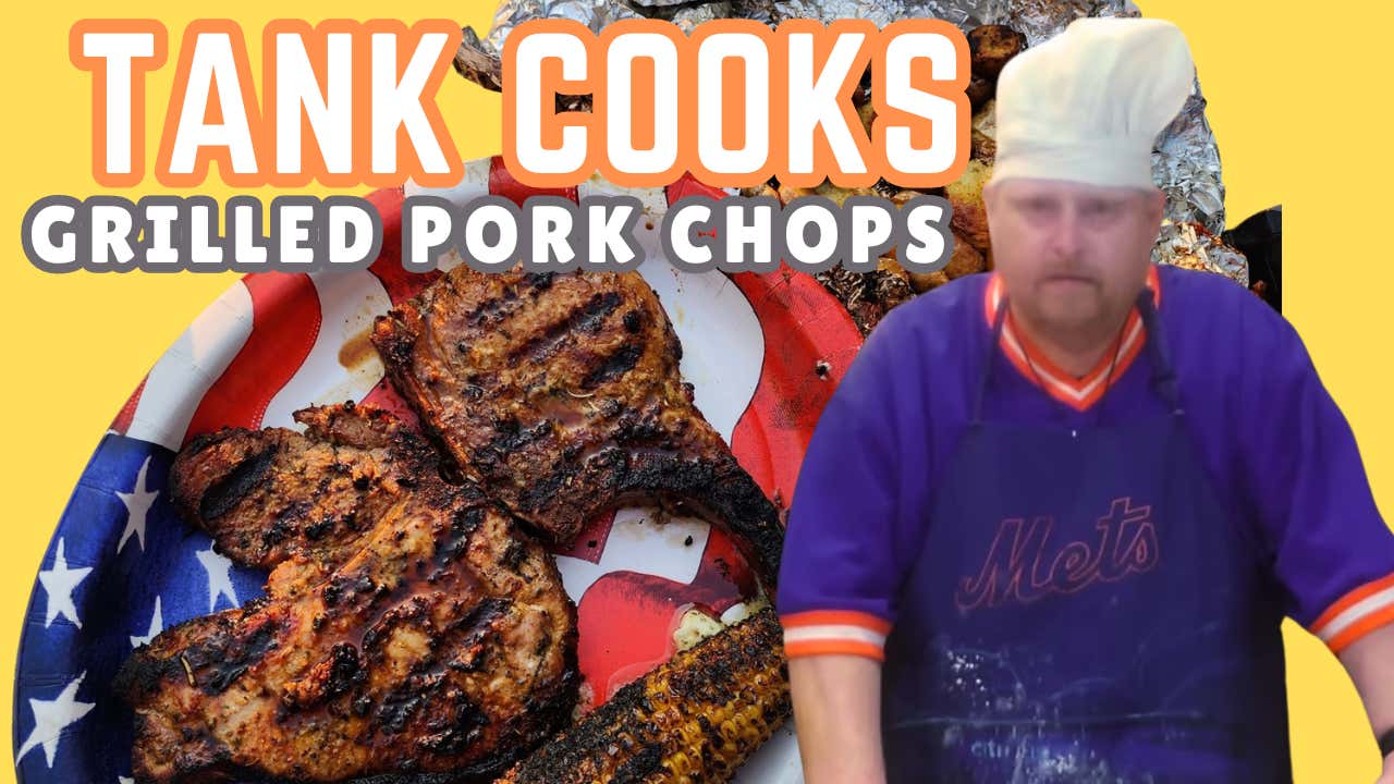 Tank Cooks Grilled Pork Chops with Fire Roasted Potatoes