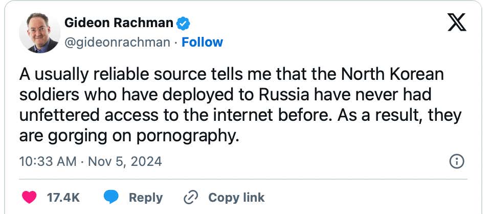 North Korean Troops Get Sent To Bolster Russia's War On Ukraine, Immediately Begin "Gorging On Pornography"