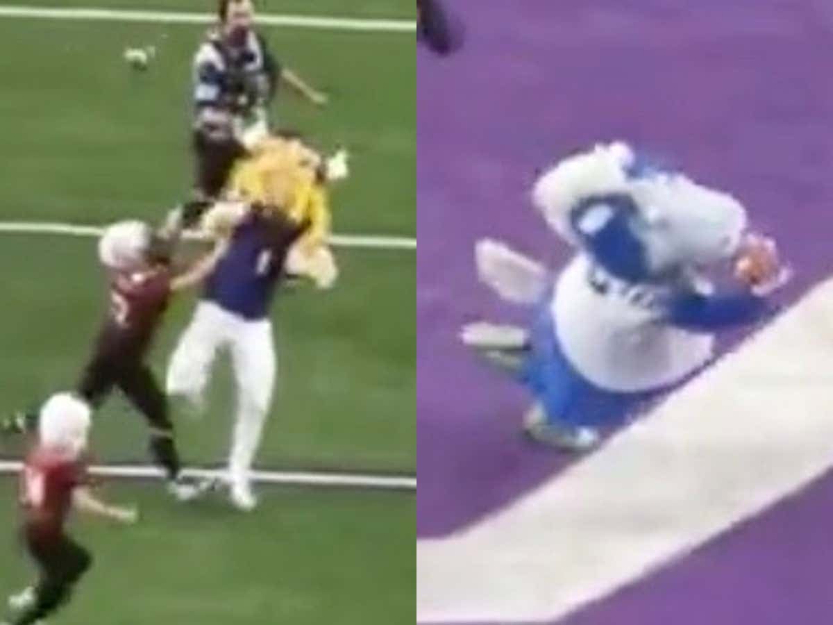 Not a Must Watch But Still Pretty Cool: Remarkable Touchdown Throw & Catch From Viktor The Viking to Colts' Mascot Blue During Kids vs Mascots Football Game