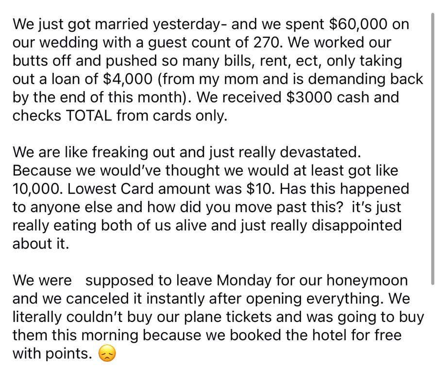 A Woman Is Going Viral For Having To Cancel Her Honeymoon After Her 270 Guest Wedding "Only Gave $3,000 In Cash" Including One Person Who Gave $10