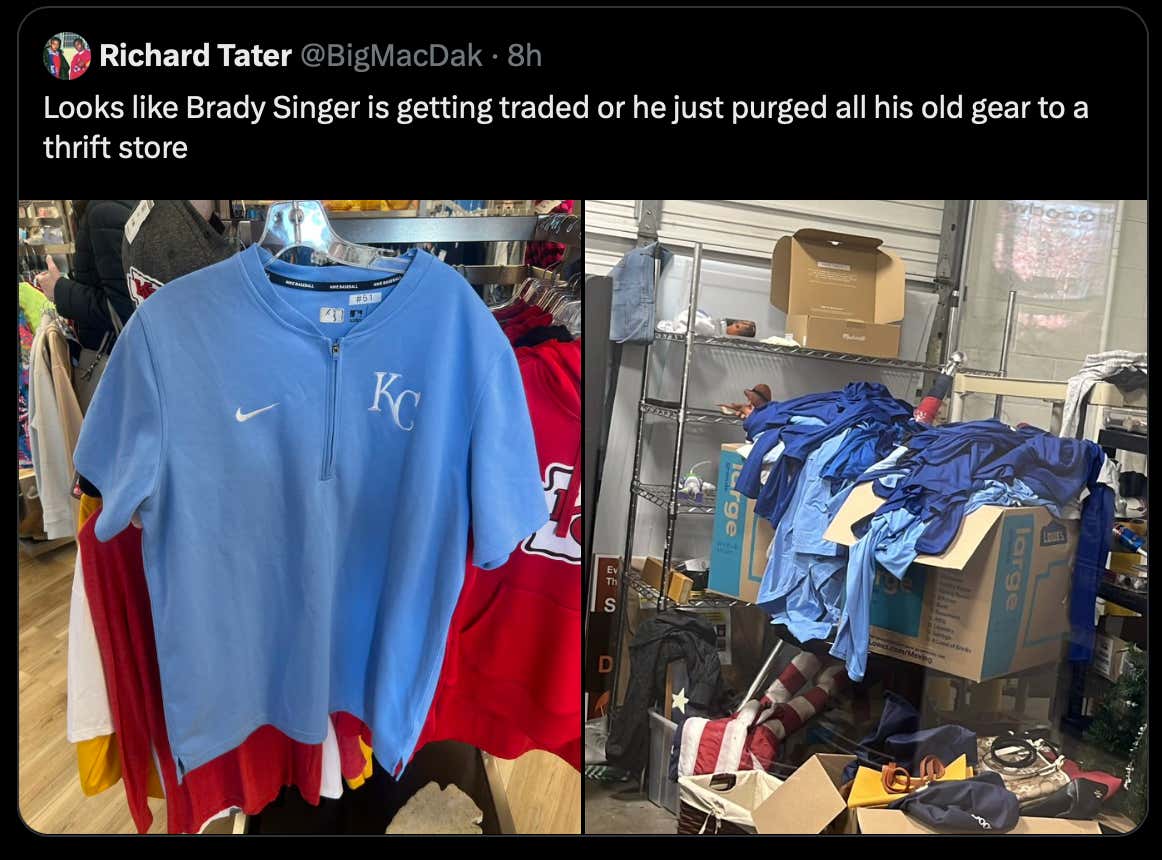 A Random Royals Fan's Twitter Account Broke The News Of Brady Singer Being Traded By Finding All His Old Royals Gear At A Thrift Store