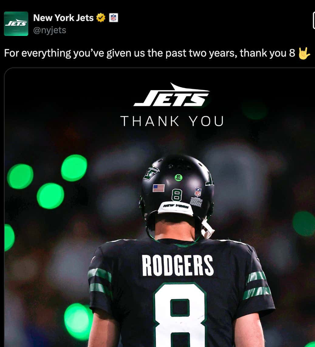 The New York Jets Posted A Thank You To Aaron Rodgers And It Only Solidifies That We Need A Common Sense Department For All Sports Franchises