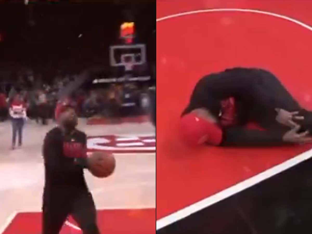 Thoughts And Prayers Go Out To This Hawks Fan That Completely Destroyed His Knee While Participating In The Halftime Contest