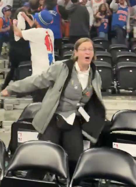 This TD Garden Security Guard Was In An Absolute Blender Trying To Clear Knicks Fans Out Of The Arena Last Night