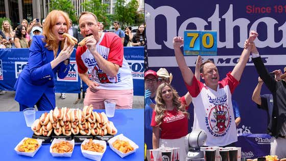 Watch: Joey Chestnut Attempts The "Eat A Hot Dog + Do A 100m Dash" Hypothetical, But Against The World's Worst Gambler Instead Of Usain Bolt