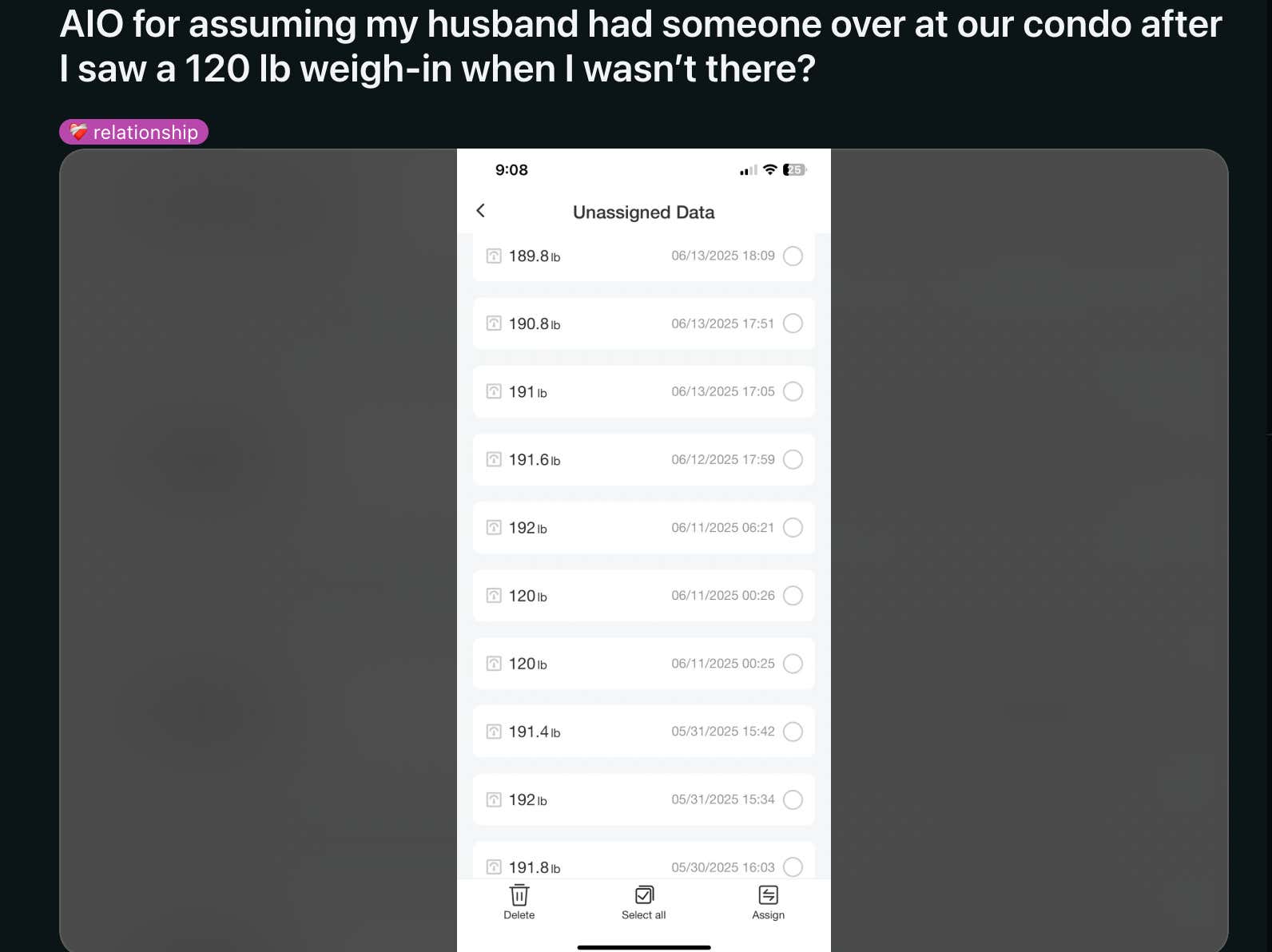 This Woman Is Going Viral For Assuming She Caught Her Husband Cheating By A 120 LB Weigh-In On Their Smart Scale While She Wasn't There
