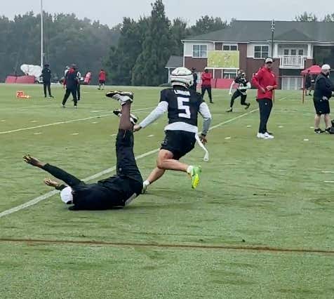 Raheem Morris Has To Retire From Any Form Of Athletic Competition After He Ended Up Falling On His Ass Trying To Defend Drake London