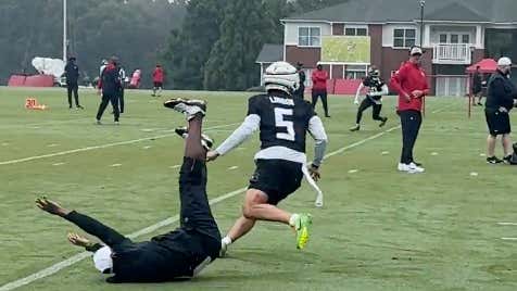 Raheem Morris Has To Retire From Any Form Of Athletic Competition After He Ended Up Falling On His Ass Trying To Defend Drake London