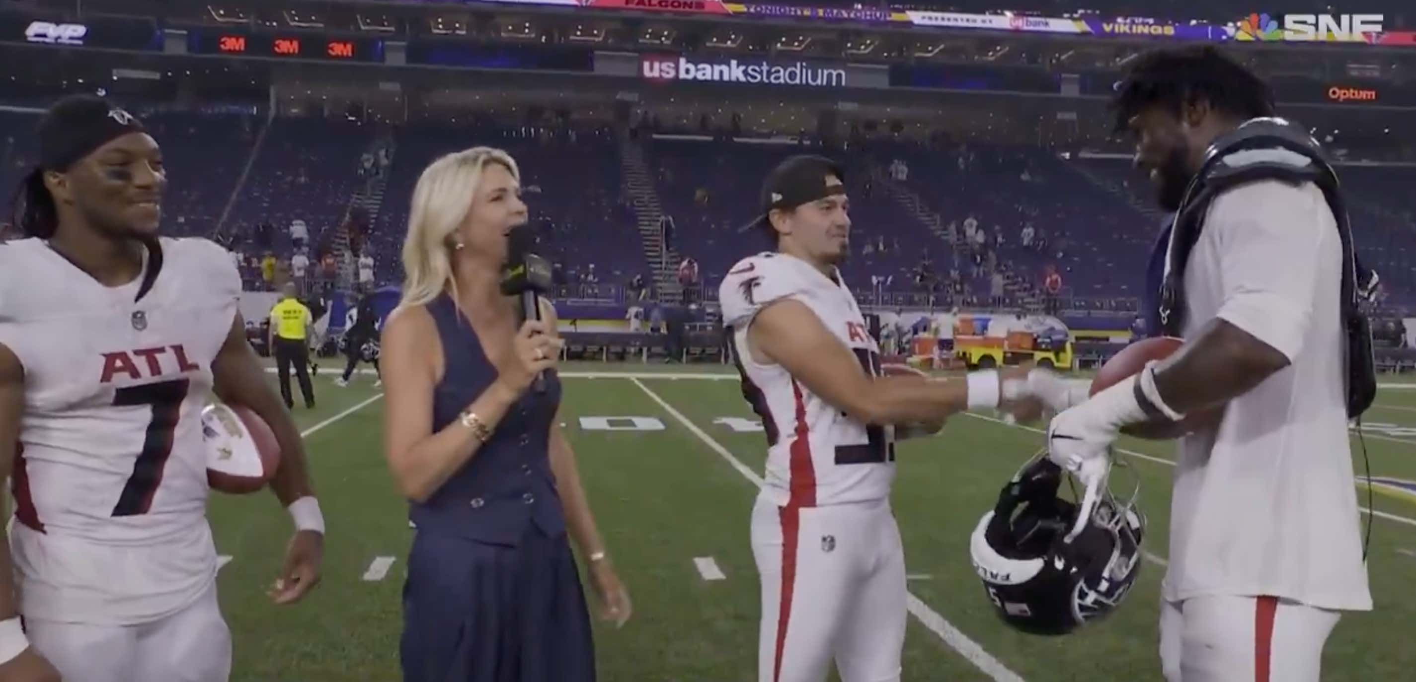 New Falcons Kicker Parker Romo Met Teammate Leonard Floyd For the First Time During the Sunday Night Football Postgame Interview