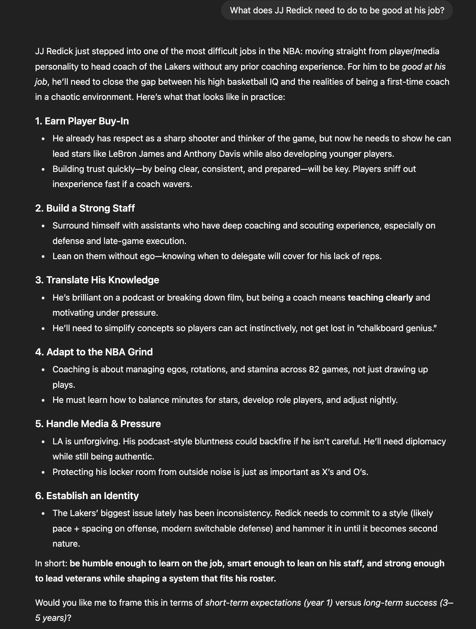 Screenshot of ChatGPT's coaching advice