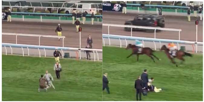 A Staff Member At A Live Horse Race In Hong Kong Delivered A Perfect Form Tackle To a Protester Who Ran Onto The Track