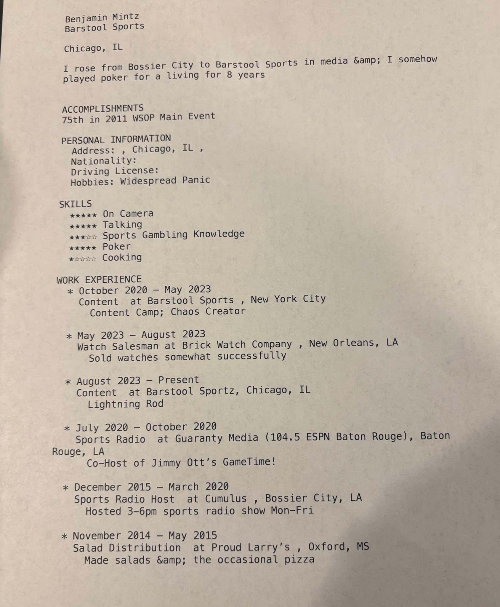 Ladies And Gentlemen, I Present To You.....Mintzy's Resume