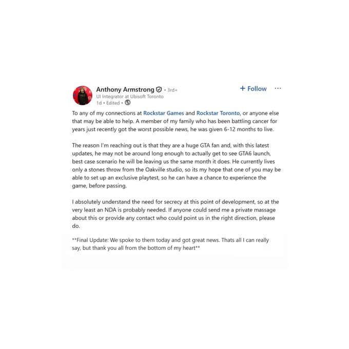 Wholesome: Rockstar Games Apparently Gave A Terminally Ill Fan A Chance To Play GTA 6 Early After His Story Was Posted Online