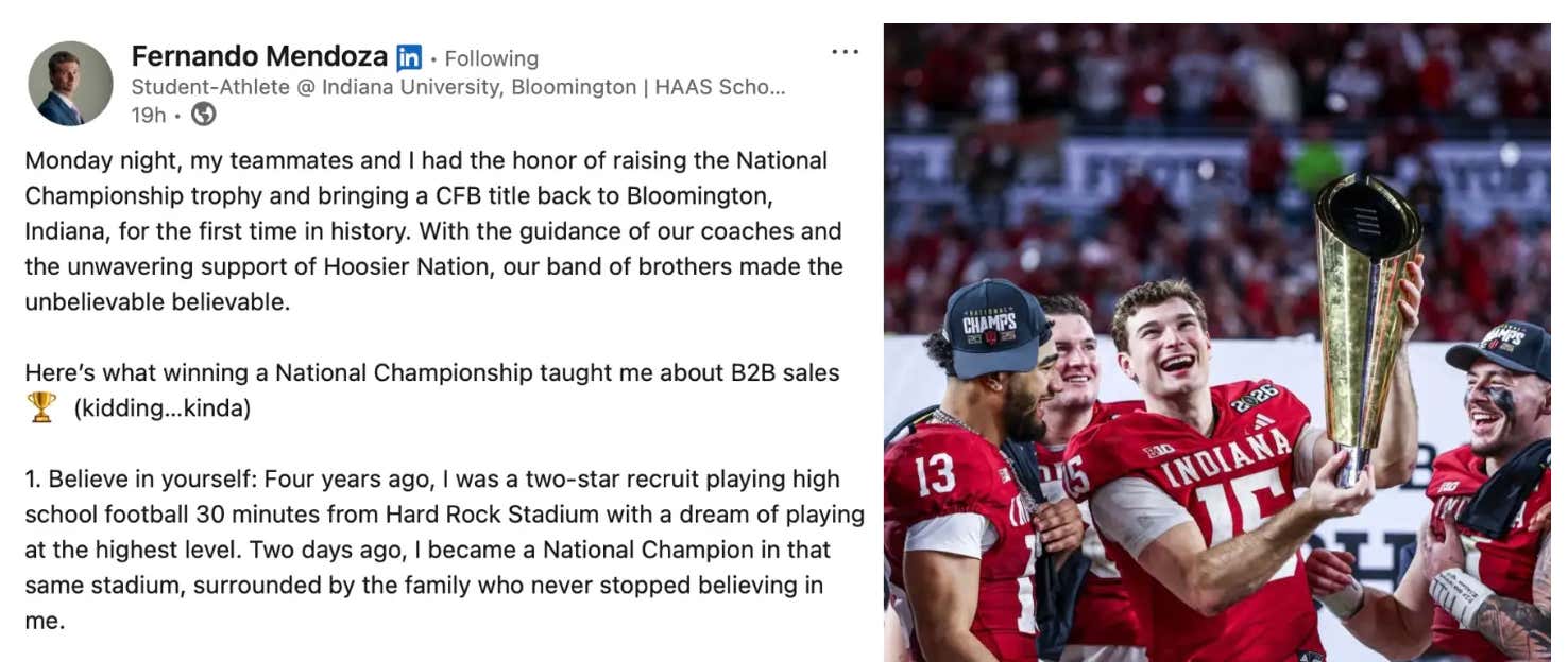 Fernando Mendoza Dropped The Hardest LinkedIn Post of All-Time After Winning The National Championship