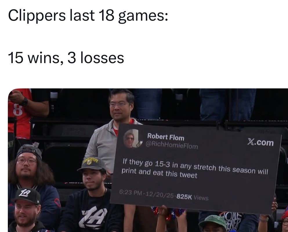 We Have A Developing Situation In Los Angeles: A Fan Promised To Print Out And Eat His Tweet After The Clippers Went 15-3 During Their Last 18 Games...And They Did