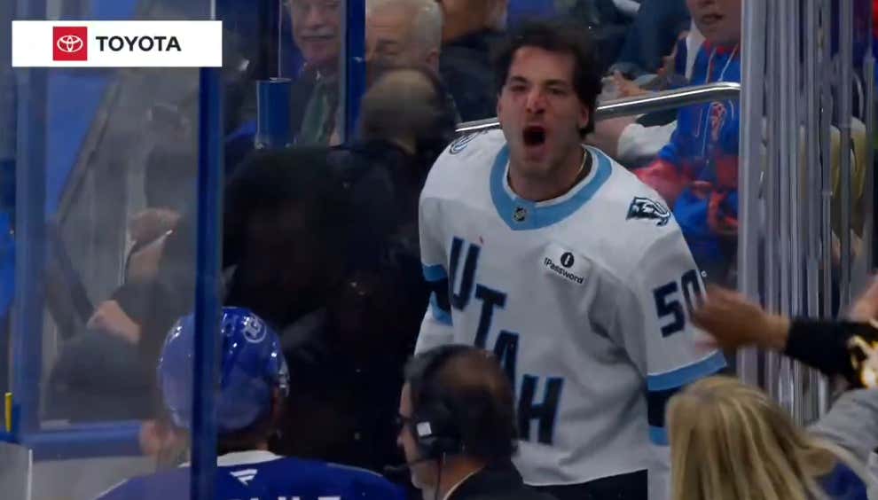 It's Going To Take The World's Best Lipreader To Figure Out What Utah Mammoth's Sean Durzi Said In The Penalty Box Here