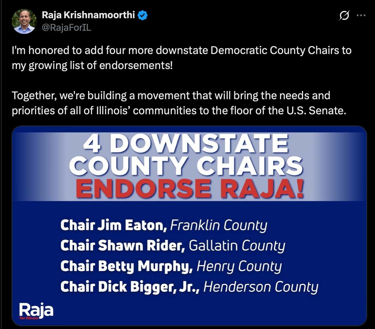 Congrats to Senate Candidate Raja Krishnamoorthi for Earning the Massive Endorsement of Real Person Dick Bigger Jr.