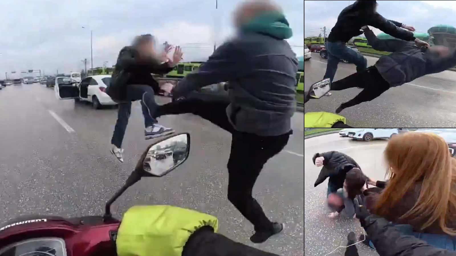 WATCH: Fist Fight On Foreign Highway Begins With TWO Flying Kicks Until A Delivery Driver Breaks It Up. Chuck Norris Would Be Proud!