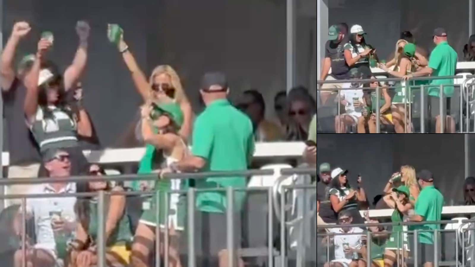 This Woman In A Green Dress Became A Waste Management Hero Thanks To A Kiss And A Chug As Everyone On 16 Was Chanting At Her