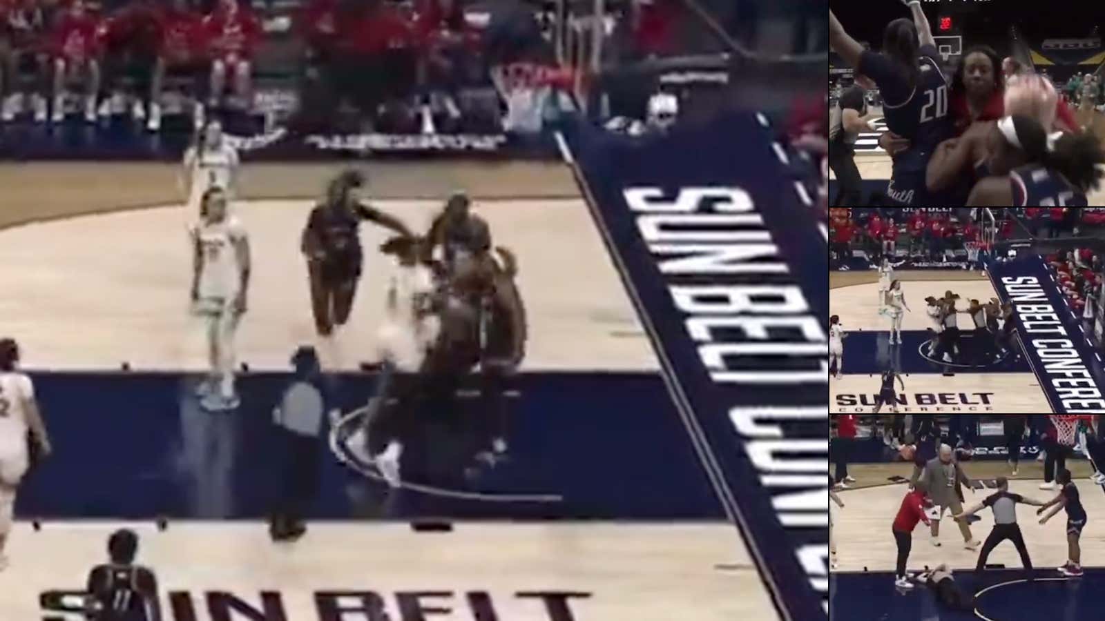 A Wild Brawl Broke Out In The Sun Belt Women's Tournament With Punches Thrown, Tackles, A Ref Getting Sent To The Ground And 8 Ejections